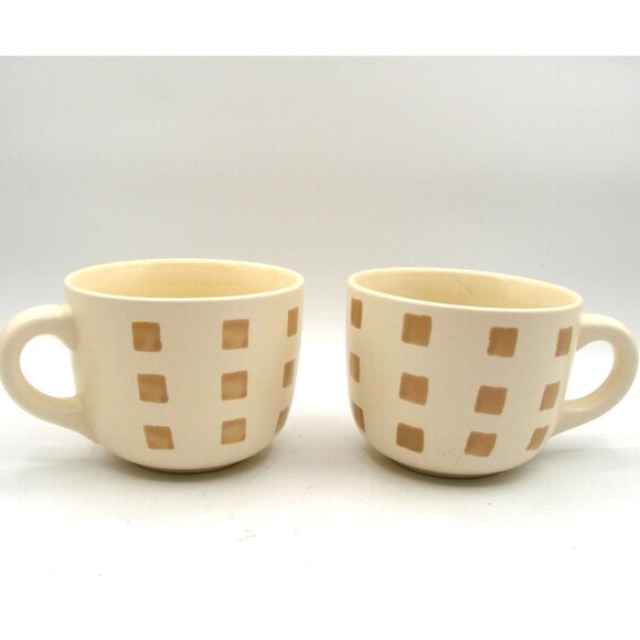 Set 2 California Pantry Classic Large Ceramic Coffee Tea Mug Bowls Tan Checkered - Picture 1 of 10
